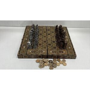 VINTAGE MOSIAC WOOD INLAYED CHESS BACKGAMMON FOLDING GAME SET